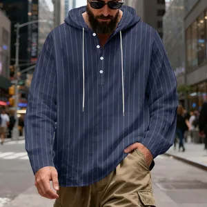 Classic navy blue striped men's linen hoodie with button placket and drawstrings.