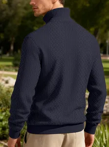 Back view of men's navy heavy jacquard sweatshirt featuring high ribbed collar texture