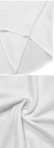 Macro view of breathable white linen fabric and curved hem detail on a men's casual shirt.