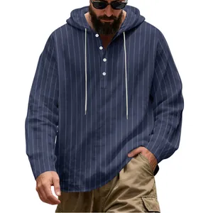 Detailed view of navy blue striped linen hoodie with buttons and drawstrings