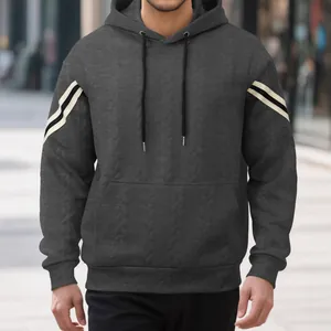 Men's heavy dark grey jacquard hoodie with white striped sleeves and drawstring hood
