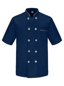 Giacca da chef professionale blu navy a maniche corte con colletto alla coreana e doppiopetto