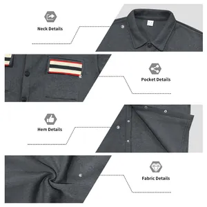 Vues détaillées du col, de la poche, de l'ourlet et du tissu d'une veste grise pour homme.