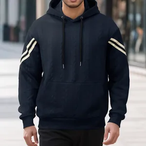 Men's navy blue cable knit hoodie with striped sleeves for outdoor sports fashion