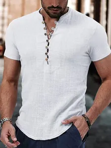 Men's Casual Short Sleeve Henley Shirt Cotton Blend Solid Color Multi-button Vacation Top