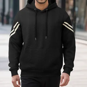 Men's heavy jacquard hooded sweatshirt in black with sleeve stripes for outdoor sports