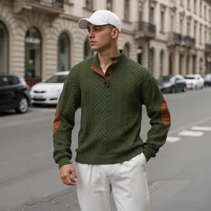 Grüner Jacquard-Strick-Henley-Pullover für Herren mit braunen Ellenbogen-Patches
