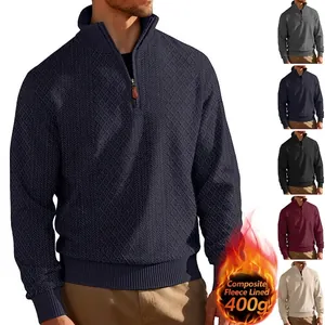 Men Heavyweight Jacquard Quarter Zip Sweatshirt Polyester Fleece Lined Stand Collar Casual Business Long Sleeve Winter Warm Top