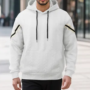 Premium men's heavy jacquard hooded sweatshirt with sleeve stripes and adjustable drawstring.