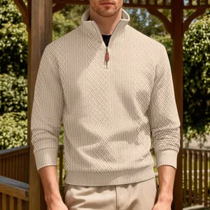 Men's premium heavy jacquard half-zip sweatshirt with stand collar in beige style