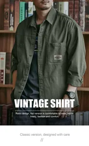 Male model wearing a vintage green cargo shirt in a classic library setting