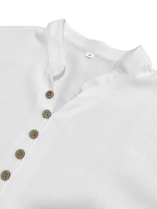 Men's casual white Henley shirt with linen texture and brown buttons for summer