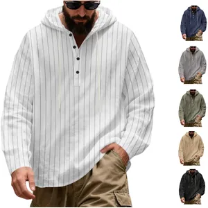 Men's Casual Linen Striped Hoodie Long Sleeve Henley Neck Hooded Pullover Loose Fit Spring Autumn Top