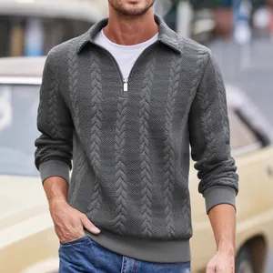 Felpa da uomo grigia in jacquard pesante con mezza zip e colletto in stile casual