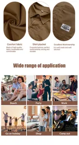 Detail view of men's brown cotton work shirt and various lifestyle application scenarios.