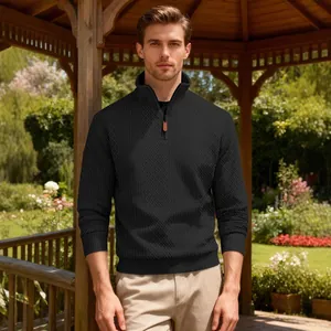Men's black heavy jacquard half-zip sweatshirt with stand collar for casual business