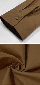 Close-up of brown cotton twill fabric and buttoned cuff on a vintage men's work shirt