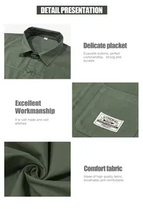 High-quality detail view of green men's cargo shirt showing fabric texture and pocket