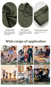 Detailed view of the cotton military shirt's fabric texture and various usage scenes