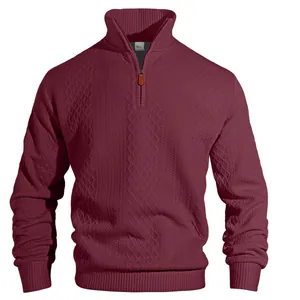 Men's heavyweight jacquard quarter-zip sweatshirt with stand collar in burgundy red