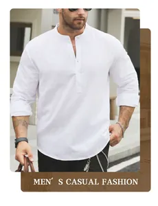 Dettaglio camicia Henley da uomo in cotone e lino bianco con colletto alla coreana
