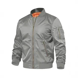 Klassische graue Bomberjacke für Herren mit orangefarbenem Futter und Stehkragen
