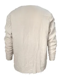 Back view of men's casual beige pure cotton shirt featuring crinkle texture and raw hem