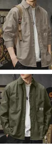 Comparison view of men's retro cotton utility workwear shirts in khaki and olive green tones.