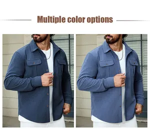 Vista dettagliata affiancata della camicia casual da uomo in velluto a coste blu