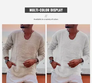 Detailed display of men's V-neck frayed cotton long sleeve shirt in various colors