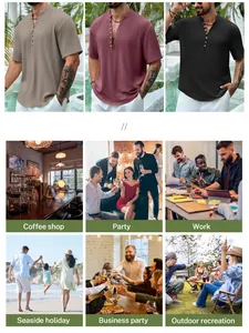 Chemise Henley pour homme en coton et lin montrant diverses scènes de vie décontractées