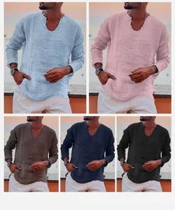 Detailed view of men's V-neck cotton shirts with crinkled texture in five different colors