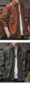 Washed cotton men's long sleeve workwear shirt detail in rust orange and dark gray