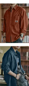 Detailed close-up view of men's vintage style cargo shirts in terracotta and blue.
