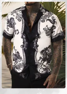 Close-up of men's vintage short sleeve shirt featuring unique ink-wash horse patterns