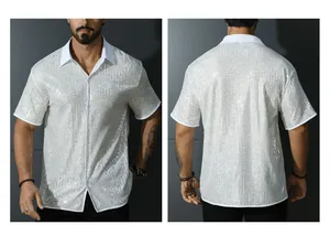 Dettaglio fronte e retro della camicia da uomo a maniche corte con paillettes argento