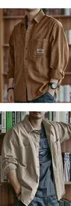Close-up of men's vintage corduroy work shirt featuring double chest pockets and patch detail