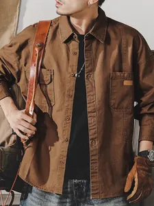 Men's Vintage Military Style Work Shirt Cotton Long Sleeve Multi Pocket Casual Safari Jacket Top