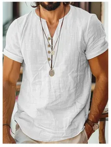 Detail shot of men's lightweight white linen-textured v-neck shirt with button accent
