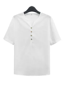 Close-up detail of men's breathable white V-neck short sleeve shirt with wooden buttons.