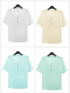 Men's summer lightweight short sleeve Henley shirt with button v-neck in four pastel colors