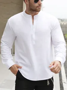 Camicia Henley da Uomo Casual in Cotone Slub Leggera con Collo alla Coreana Manica Lunga Tinta Unita Top Estivo da Spiaggia