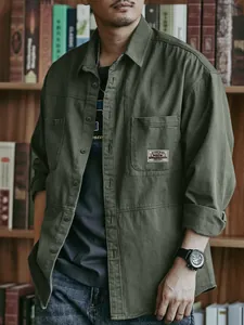 Men's Vintage Workwear Cotton Shirt Casual Loose Fit Long Sleeve Lapel Top Solid Color Non-Iron Jacket For Daily Commute