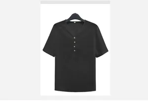 Men's lightweight black short-sleeved V-neck shirt with stylish wood-look buttons