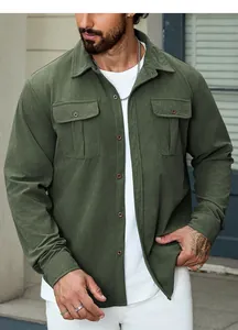 Camicia da uomo in velluto a coste verde oliva, stile casual e da lavoro, lunga