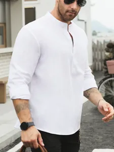 Camicia Henley da uomo casual in cotone e lino bianco a maniche lunghe con collo alla coreana