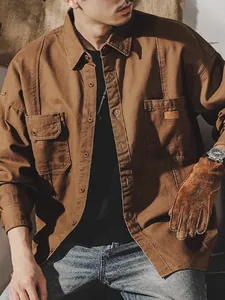 Vintage military style men's cotton workwear shirt with multi-pockets in brown