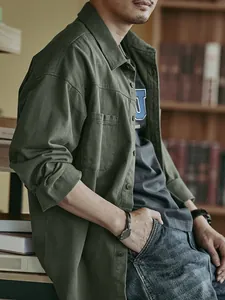 Men's retro olive green long-sleeve workwear shirt in casual loose fit, ideal for daily wear