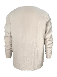 Men's casual beige long-sleeve cotton shirt with crinkled texture and frayed hem back view