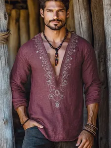 Men's Casual Long Sleeve Shirt V-Neck Lightweight Breathable Embroidered Summer Top Loose Fit Cotton Shirt